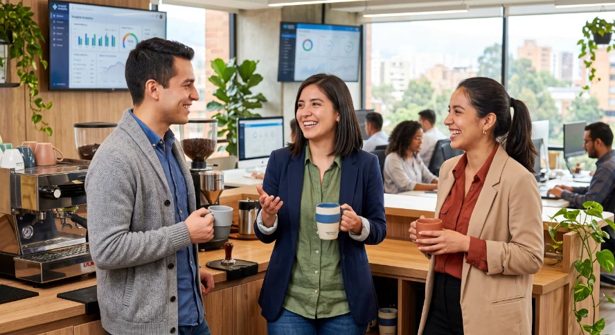 Equipo conversando frente a tableros de indicadores en la oficina
